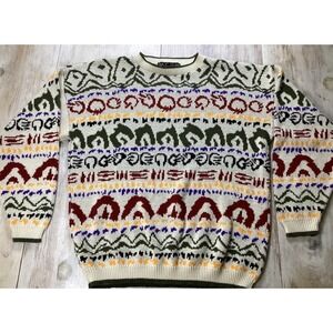 Tribal Mens Geometric Pattern Knit Sweater L Cream Multi Color Long Sleeve Coogi
